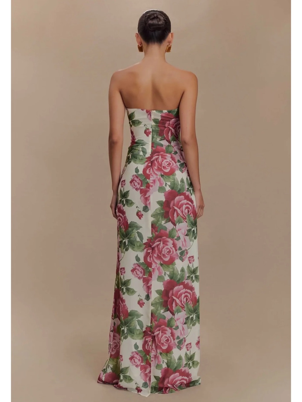 Meshki Strapless Rose-Print Maxi‎ Dress in Pink and Green on Cream - Picture 2 of 6